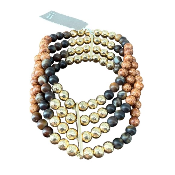 J. Jill Beaded Bracelet Stretch Wood Gold Tone Multi Strand Rustic Boho Earthy - Picture 5 of 10